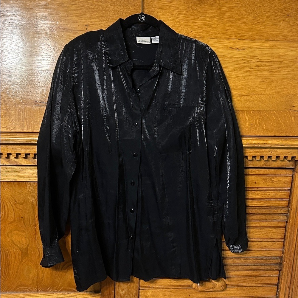 Avant-Garde Gothic Black Shimmer Button Down Shirt Metallic Sheen Long Sleeve L